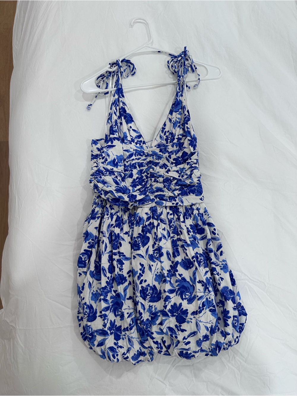 Sky to Moon Blue Floral Mini Dress with Tie-Strap Shoulders